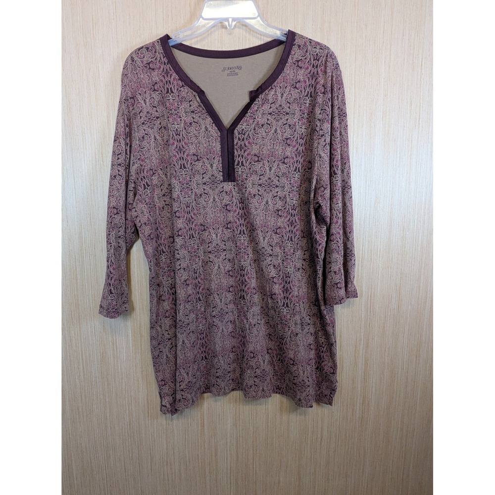 St Johns Bay Womens 1X Purple Paisley Scroll 3/4 Sleeve Split V-Neck Tunic Top